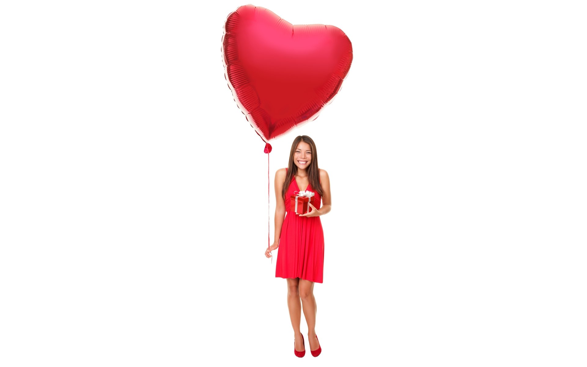 Download Brunette Brown Eyes Smile Gift Red Dress Balloon Woman Model 8k Ultra HD Wallpaper