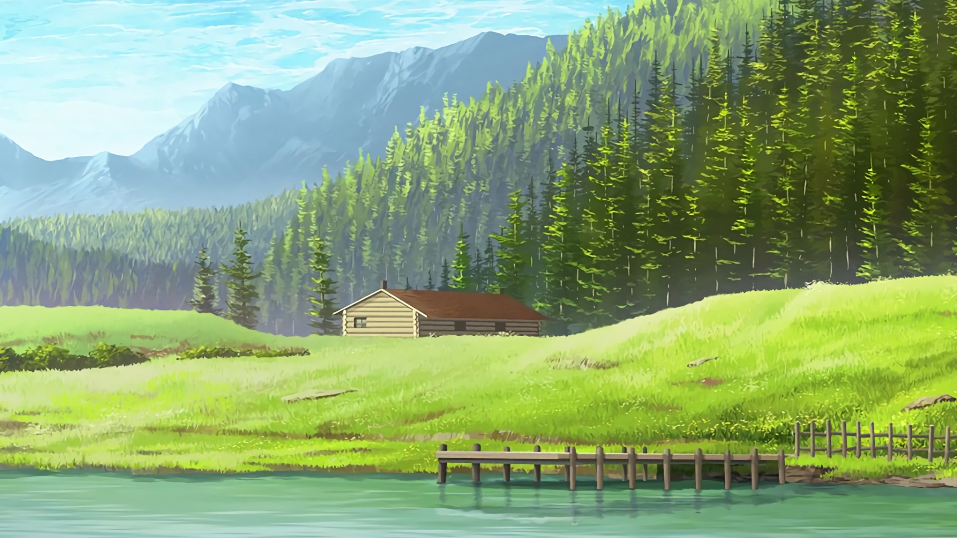 HD PC desktop wallpaper featuring an Anime-style Sword Art Online landscape with a lakeside cabin, lush green hills, and distant mountains under a bright sky.