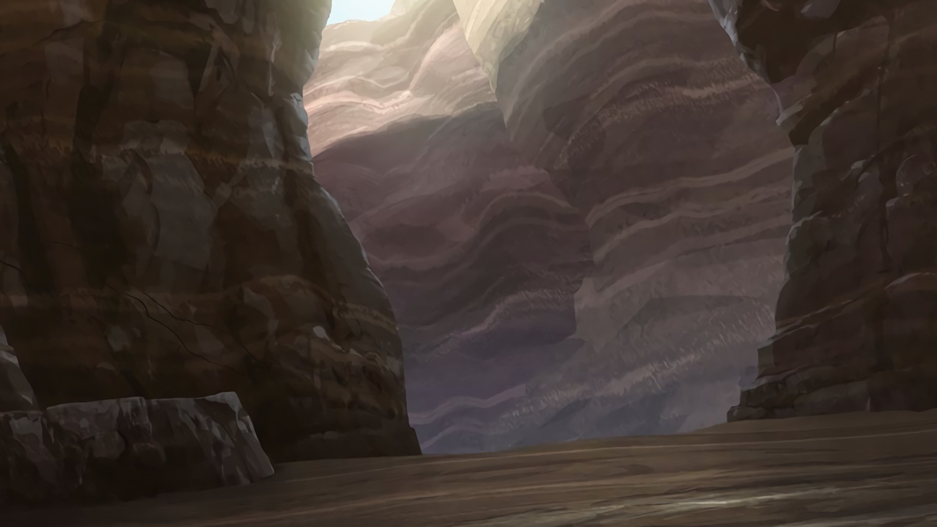 Sword Art Online anime HD PC desktop wallpaper: sweeping, layered canyon walls with soft light filtering down to an empty rocky floor.