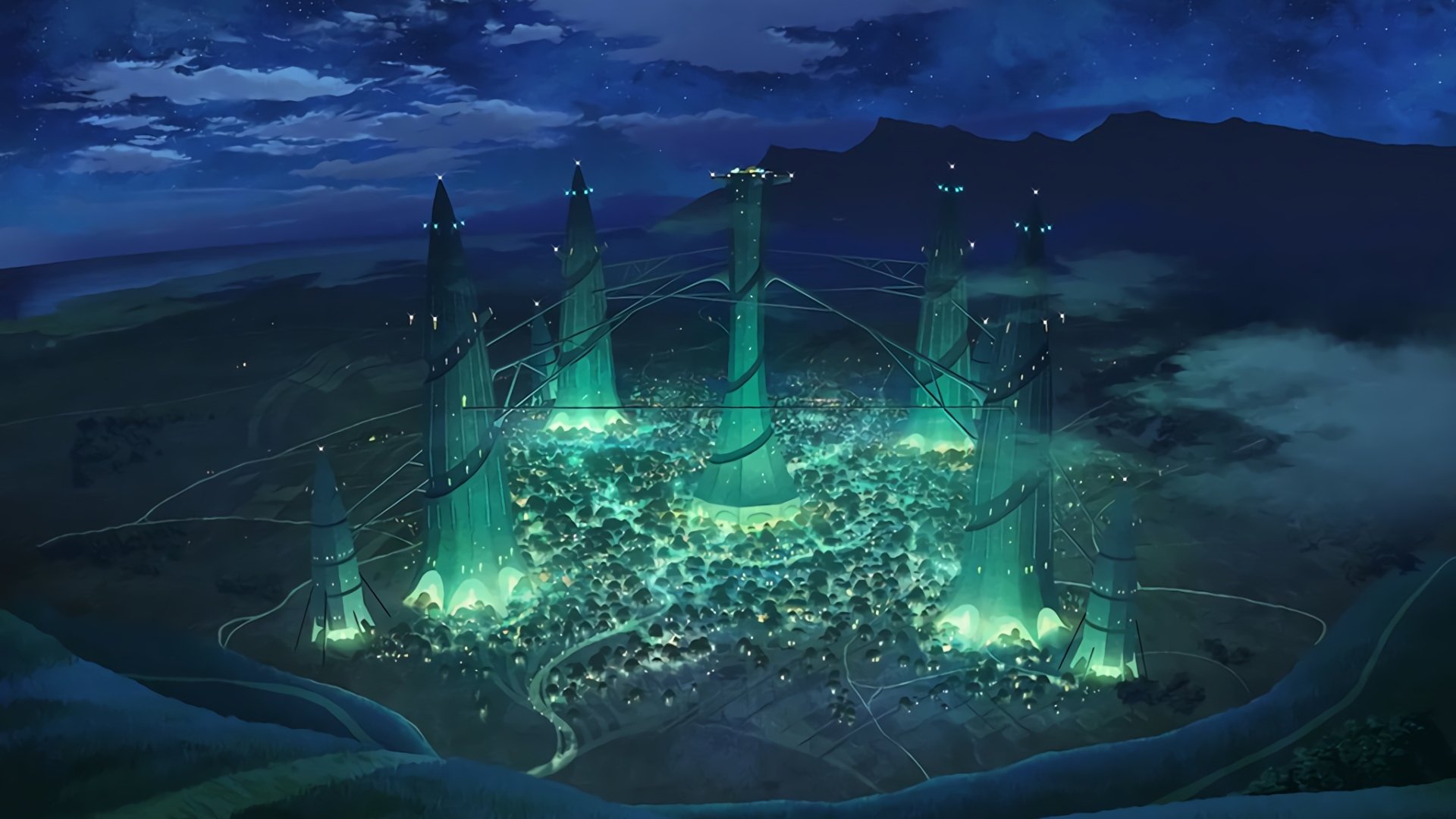 HD PC wallpaper featuring a glowing, futuristic cityscape with towering spires under a dark, cloudy sky from the anime Sword Art Online.