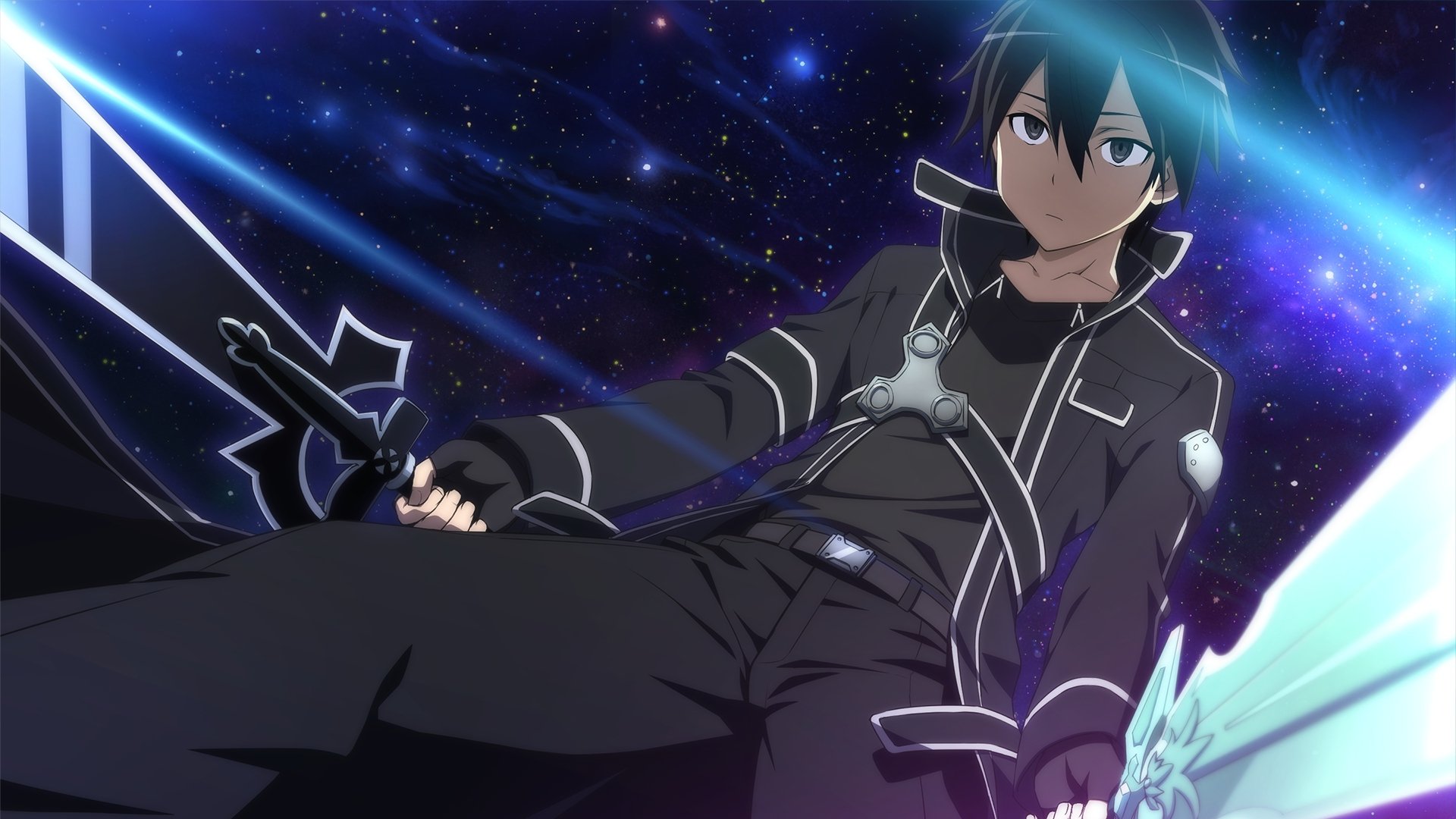 Anime HD PC desktop wallpaper featuring Kirito from Sword Art Online, wielding dual swords against a cosmic, starry background.