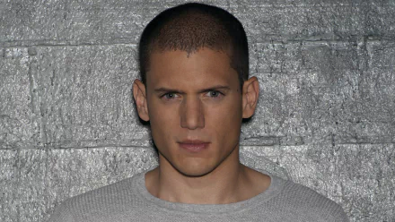 HD PC desktop wallpaper featuring Michael Scofield from the TV show Prison Break, set against a textured gray concrete wall background.