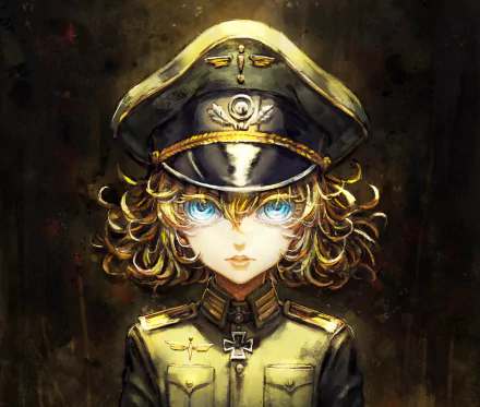 HD wallpaper featuring Tanya Degurechaff from Youjo Senki. She has short hair, blue eyes, and is in a military uniform with a hat, creating a captivating anime background.