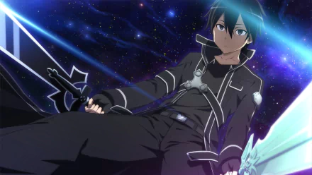 Anime HD PC desktop wallpaper featuring Kirito from Sword Art Online, wielding dual swords against a cosmic, starry background.