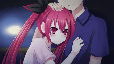 HD desktop wallpaper featuring Kotori Itsuka from the anime Date A Live. Kotori, with her red hair tied in a black ribbon, leans against another character with a comforting expression.