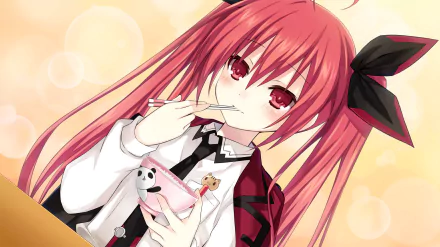 An HD desktop wallpaper featuring Kotori Itsuka from the anime Date A Live, showcasing her with vibrant red hair, black bows, and holding a pair of chopsticks with a panda-themed bowl.