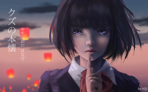 Close-up of Hanabi Yasuraoka (Kuzu no Honkai) holding a finger to her lips at dusk, purple-eyed anime portrait with floating lanterns — 4K Ultra HD PC desktop wallpaper.