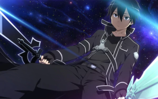 Anime HD PC desktop wallpaper featuring Kirito from Sword Art Online, wielding dual swords against a cosmic, starry background.