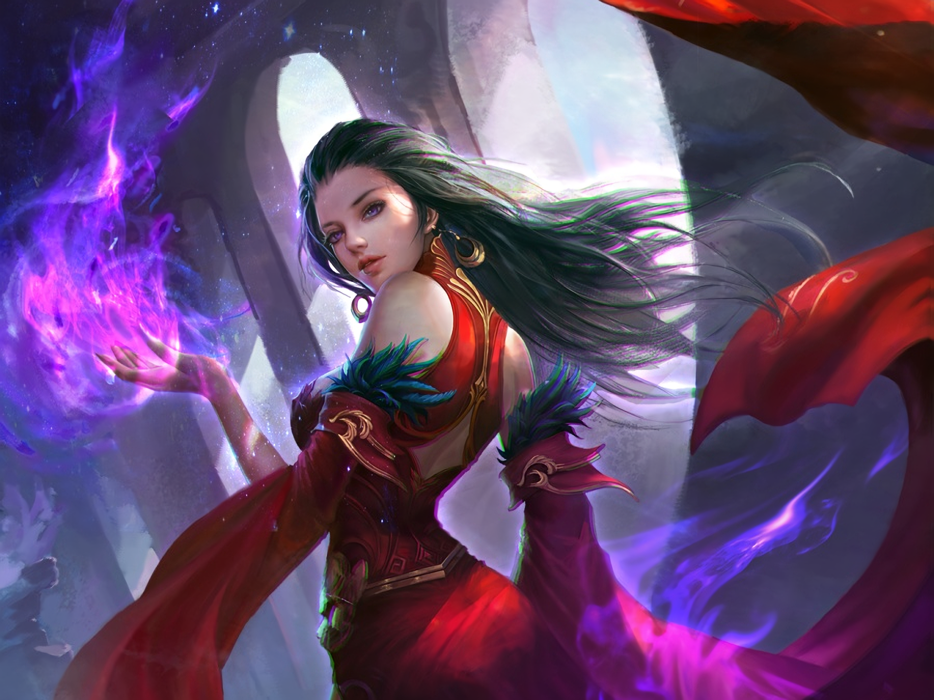 Enigmatic Sorceress In Red Dress HD Wallpaper