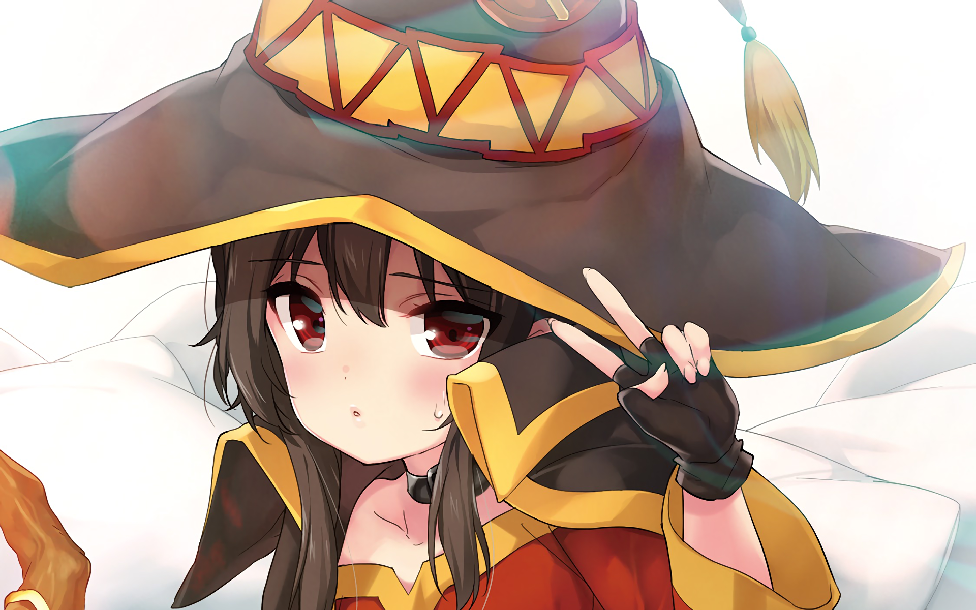 HD desktop wallpaper featuring Megumin from the anime KonoSuba: God’s Blessing on This Wonderful World!!, striking a pose with a peace sign while dressed in her iconic crimson and black witch outfit.