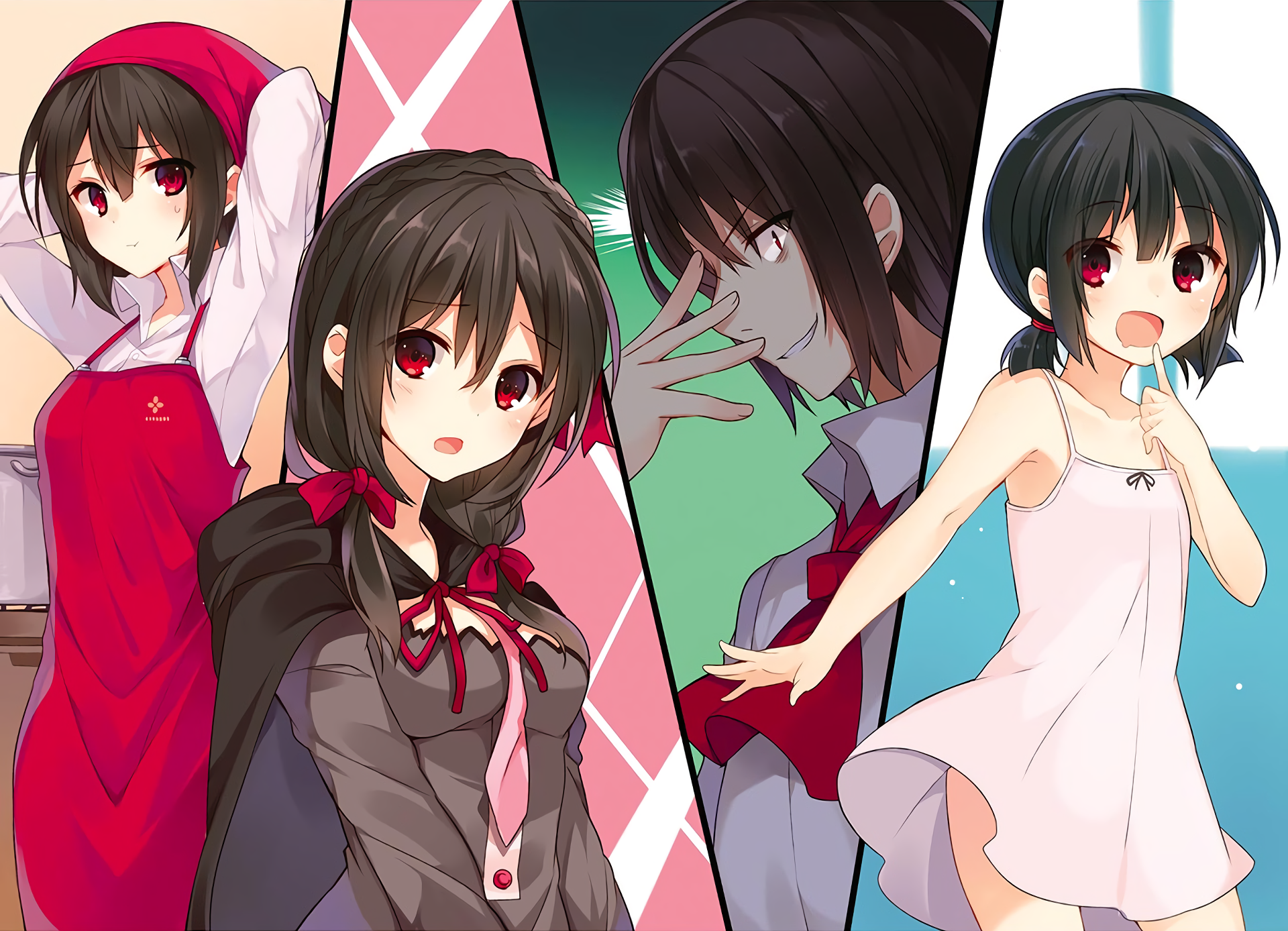 HD desktop wallpaper of Yunyun from KonoSuba: God’s Blessing on This Wonderful World!! Featuring multiple poses and outfits of the anime character.