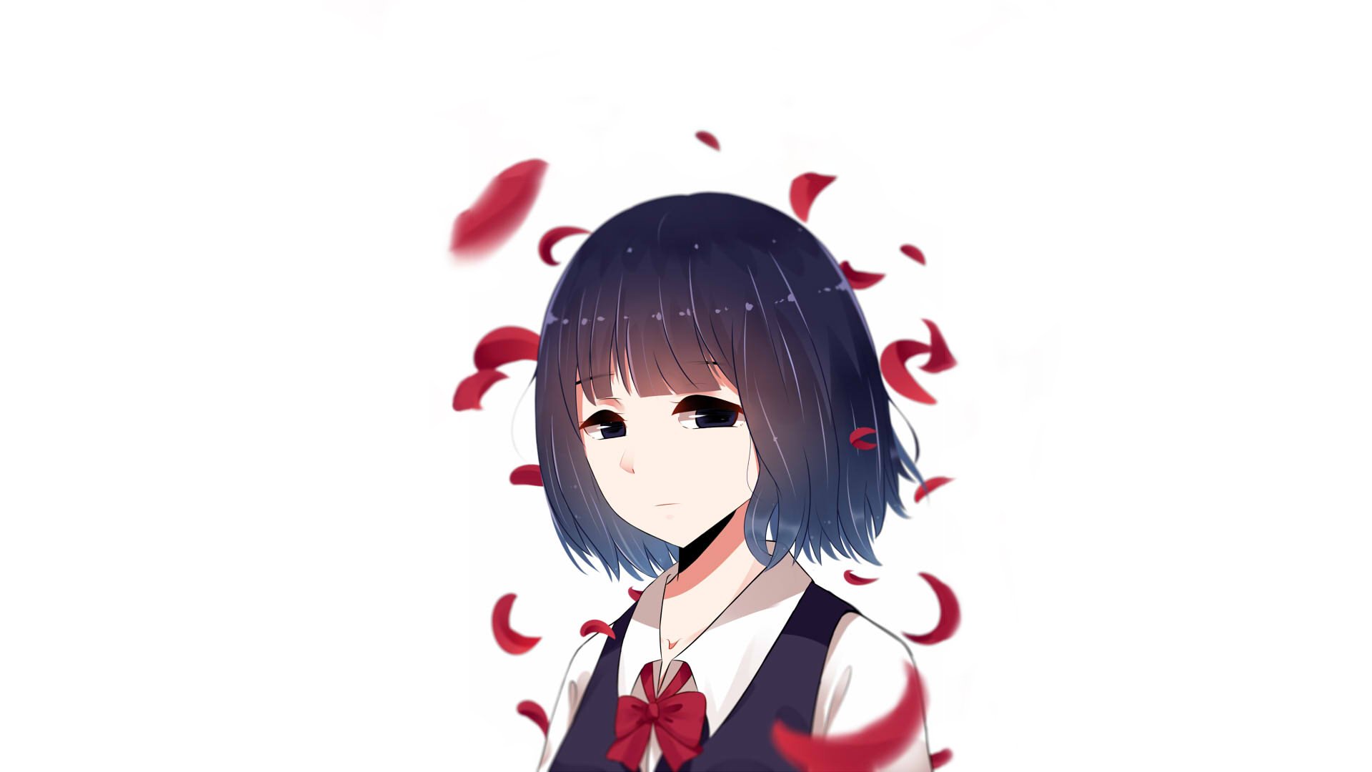 HD PC desktop wallpaper of Hanabi Yasuraoka from the anime Kuzu no Honkai, featuring her with dark hair and red petals floating around.