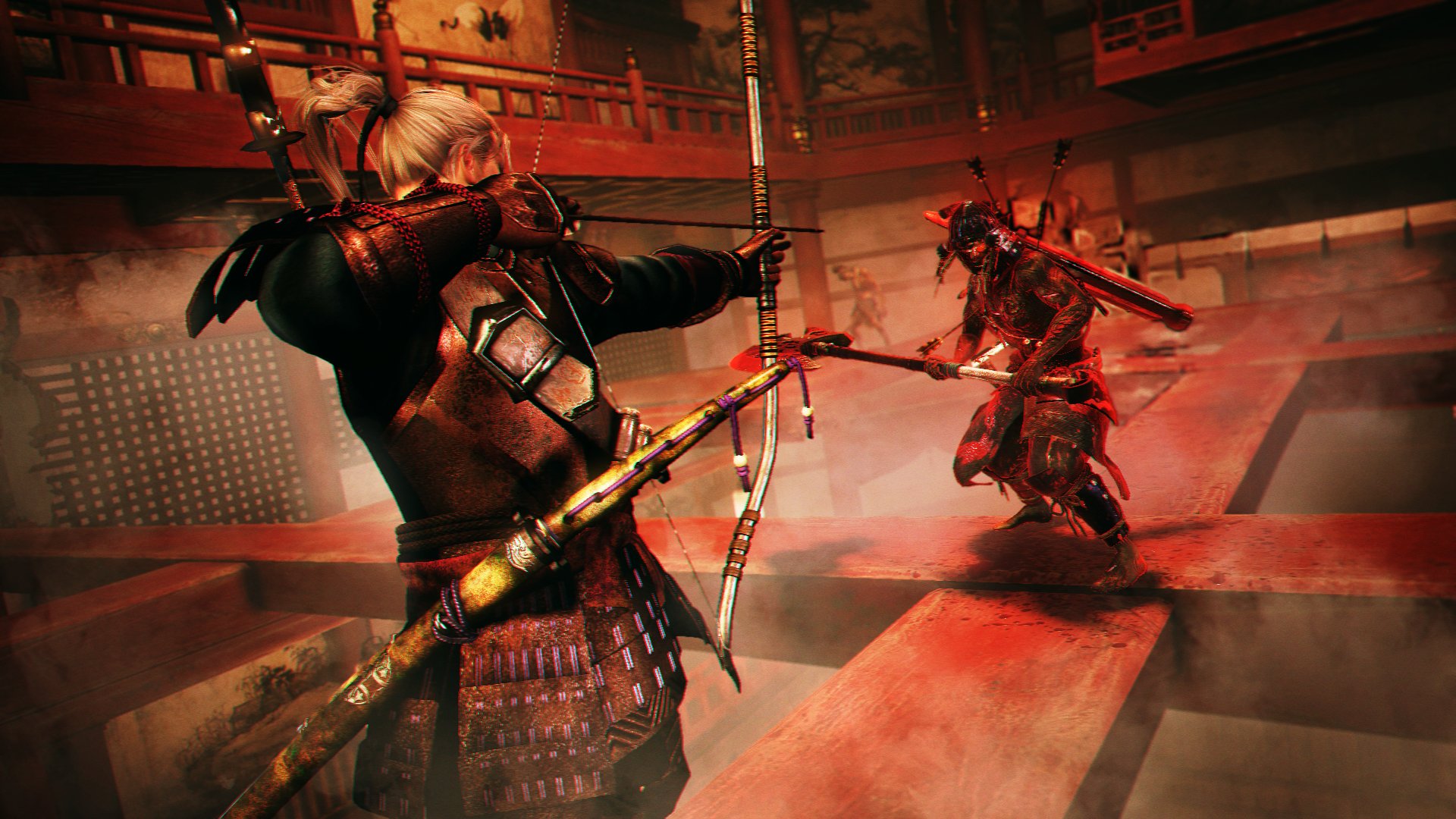 HD PC desktop wallpaper from the video game Nioh, featuring a samurai archer aiming at an armored opponent in a dimly lit, traditional Japanese setting.