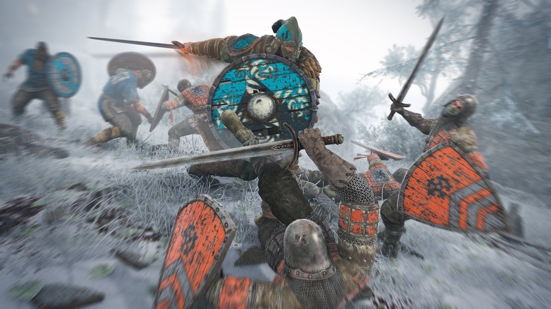 HD PC desktop wallpaper featuring an intense battle scene from the video game For Honor, showcasing armored warriors clashing with swords and shields in dynamic combat.