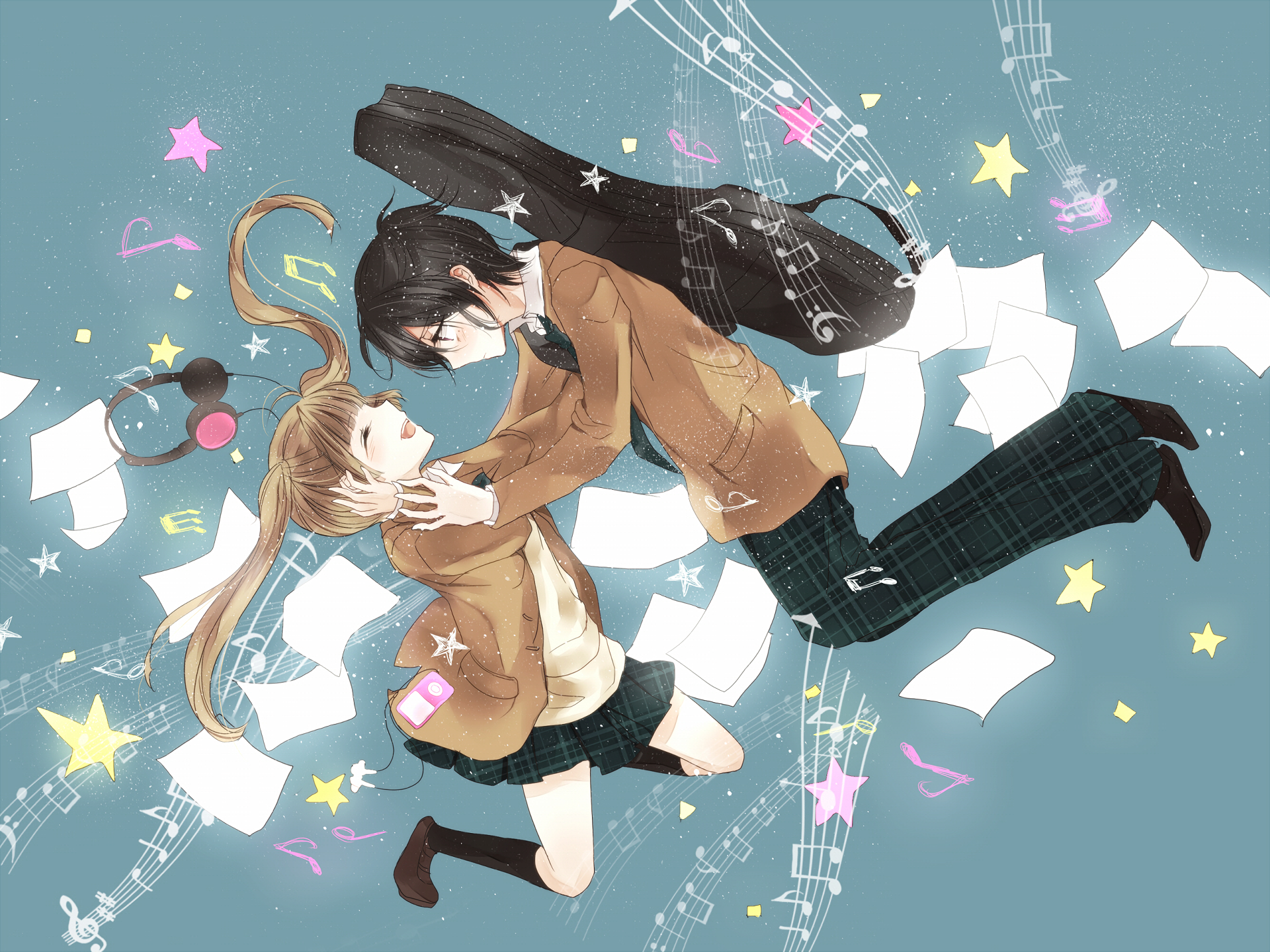 HD desktop wallpaper featuring Kanade Yuzuriha and Nino Arisugawa from the anime Fukumenkei Noise. The background has musical notes, papers, and stars, creating a dreamy and artistic scene.