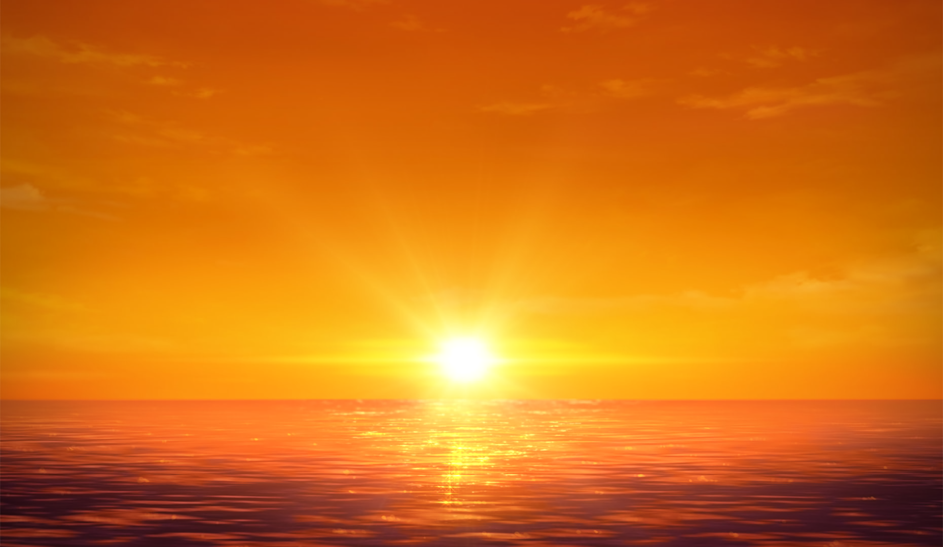 HD PC desktop wallpaper of a vibrant orange sunset over calm ocean waters, capturing a peaceful and warm atmosphere with Anime and Sakurada Reset themes.