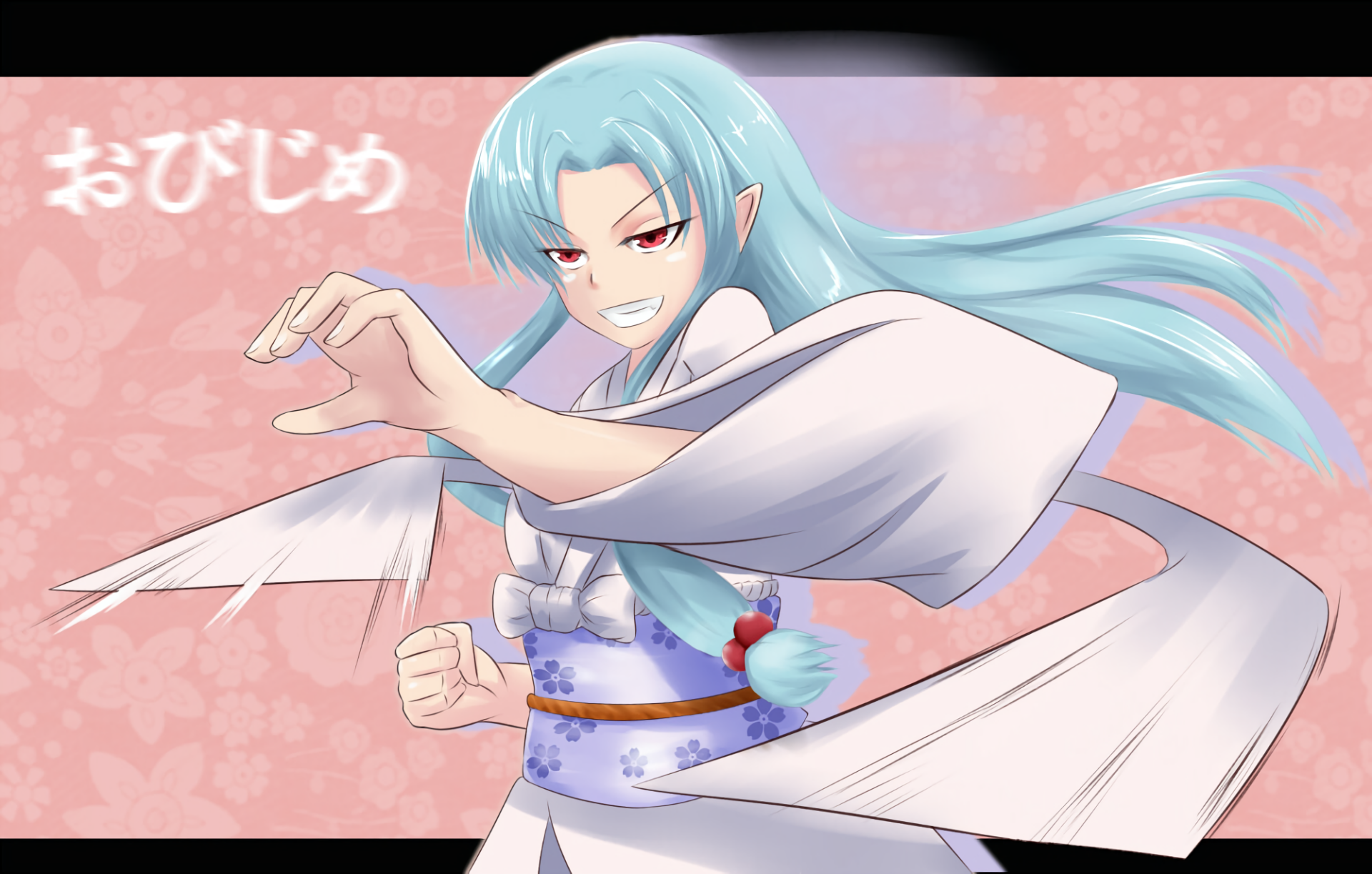 Anime Tsugumomo HD PC desktop wallpaper: teal‑haired, pointed‑eared spirit in a white kimono with blue obi, throwing paper talismans with a fierce grin against a pink floral backdrop.