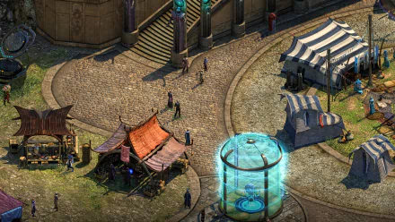 HD desktop wallpaper of Torment: Tides of Numenera showcasing an intricate game scene with characters and market stalls.