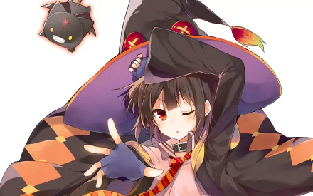 Megumin from KonoSuba strikes a dynamic pose with her familiar, Chomusuke, in this HD desktop wallpaper adorned with vibrant colors and intricate details.