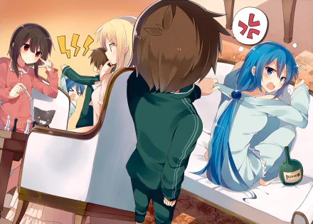 A vibrant HD desktop wallpaper featuring characters from KonoSuba – Megumin, Chomusuke, Kazuma Satou, and Aqua. The animated scene captures a dynamic moment with expressive interactions.
