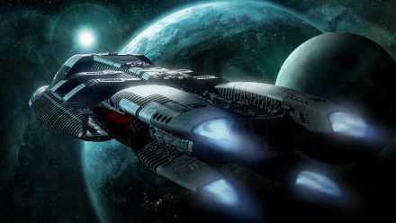 HD PC desktop wallpaper of Battlestar Galactica: Blood & Chrome — a warship with glowing engines flying past planets and stars.
