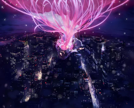 HD PC desktop wallpaper featuring Ultimate Madoka and Homura Akemi from Puella Magi Madoka Magica, glowing above a vibrant night cityscape.
