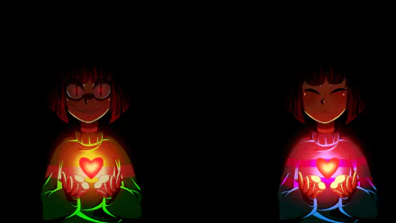 HD desktop wallpaper featuring Frisk and Chara from Undertale, each holding a glowing heart against a dark background.
