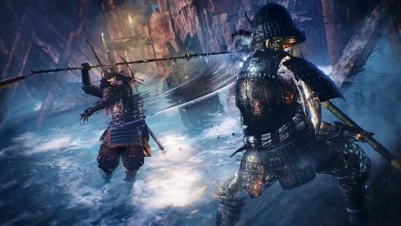 HD PC desktop wallpaper featuring an intense battle scene from the video game Nioh, showcasing two armored samurai warriors clashing in a dynamic, snowy environment.