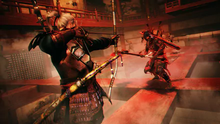 HD PC desktop wallpaper from the video game Nioh, featuring a samurai archer aiming at an armored opponent in a dimly lit, traditional Japanese setting.