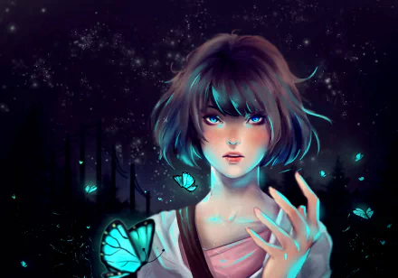 HD desktop wallpaper featuring Max Caulfield from Life Is Strange with glowing blue eyes, surrounded by butterflies in a dark, starry night setting.