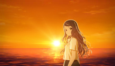 Sakurada Reset anime HD PC desktop wallpaper: long-haired schoolgirl by the ocean at a golden sunset, sunlight reflecting across the calm water.