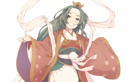 Anime Tsugumomo HD PC desktop wallpaper of a smiling long green-haired girl in an ornate kimono and small crown, with flowing sleeves and ribbons on a pale background.