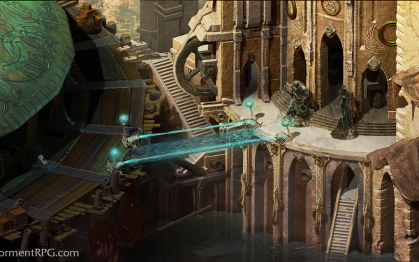 HD desktop wallpaper depicting a scene from Torment: Tides of Numenera with an intricate, otherworldly structure and glowing bridges.