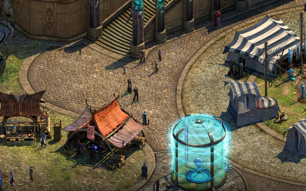 HD desktop wallpaper of Torment: Tides of Numenera showcasing an intricate game scene with characters and market stalls.