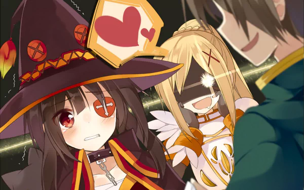 HD desktop wallpaper of the anime KonoSuba featuring characters Kazuma Satou, Darkness, and Megumin. Megumin looks surprised, Darkness appears cheerful, and Kazuma has a smiling expression.