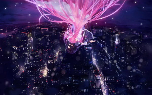 HD PC desktop wallpaper featuring Ultimate Madoka and Homura Akemi from Puella Magi Madoka Magica, glowing above a vibrant night cityscape.