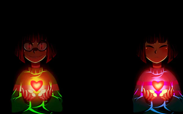 HD desktop wallpaper featuring Frisk and Chara from Undertale, each holding a glowing heart against a dark background.