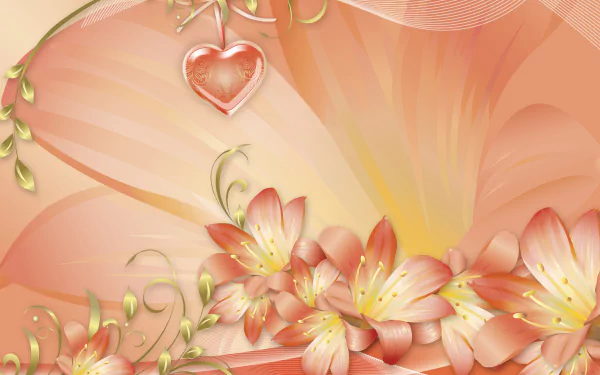 Artistic 4K Ultra HD wallpaper featuring peach lily flowers with delicate leaves and a heart-shaped pendant, blending soft pastel tones for a serene floral background.