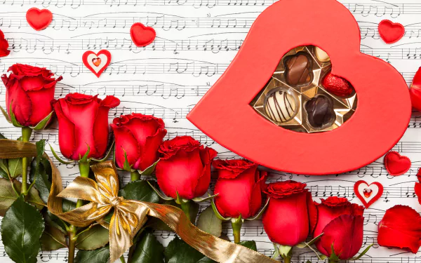 5K Ultra HD PC desktop wallpaper: red roses with a gold ribbon, heart-shaped box of chocolates on sheet music, scattered small red hearts — Valentine's Day holiday background.