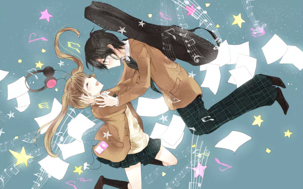 HD desktop wallpaper featuring Kanade Yuzuriha and Nino Arisugawa from the anime Fukumenkei Noise. The background has musical notes, papers, and stars, creating a dreamy and artistic scene.