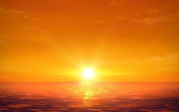 HD PC desktop wallpaper of a vibrant orange sunset over calm ocean waters, capturing a peaceful and warm atmosphere with Anime and Sakurada Reset themes.
