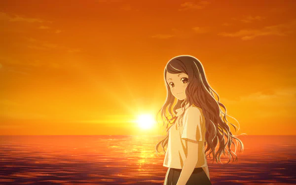Sakurada Reset anime HD PC desktop wallpaper: long-haired schoolgirl by the ocean at a golden sunset, sunlight reflecting across the calm water.
