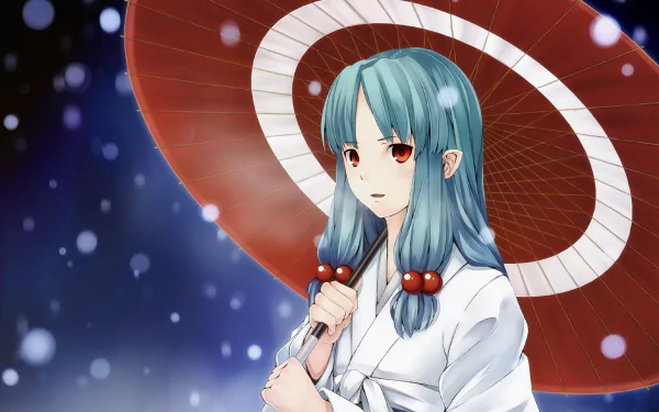 HD PC desktop wallpaper: Tsugumomo anime — blue‑haired girl in a white kimono holding a red paper umbrella against a soft snowy bokeh background.