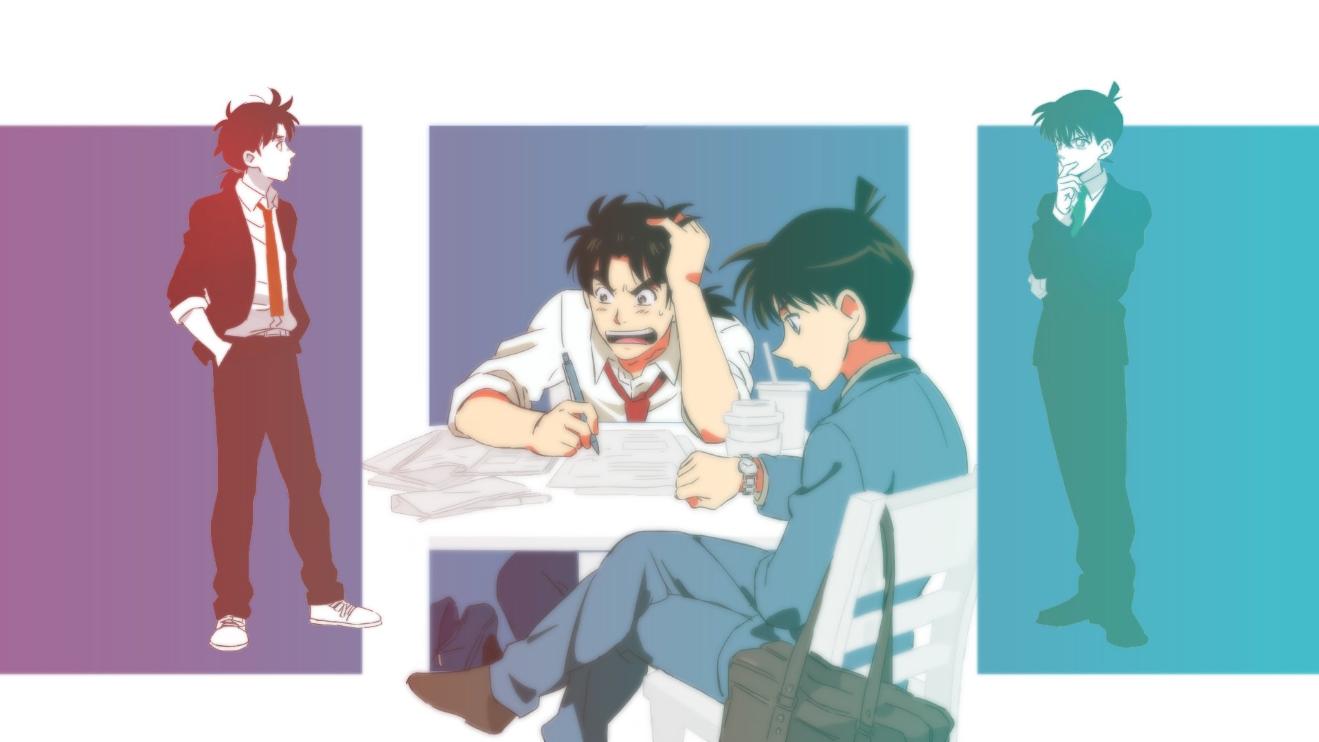 HD desktop wallpaper featuring a crossover between Detective Conan and Kindaichi Shounen no Jikenbo with characters Shinichi Kudo and Hajime Kindaichi in anime style.