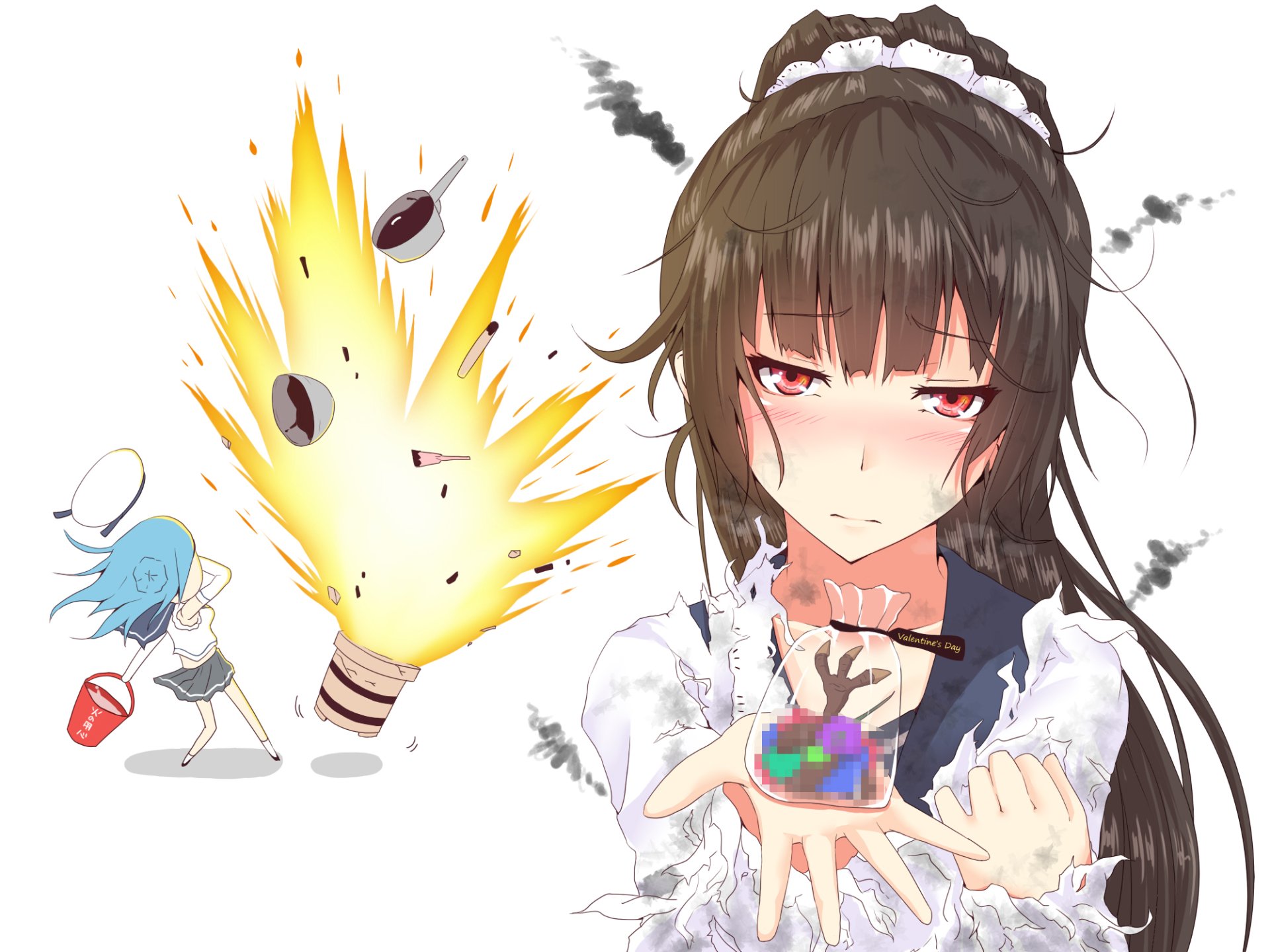 HD PC desktop wallpaper featuring Urakaze and Isokaze from Kantai Collection in anime style, with dynamic explosion effects and expressive character poses.