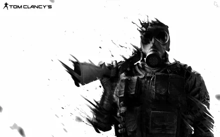 HD desktop wallpaper featuring a character from Tom Clancy's Rainbow Six: Siege wielding a gun, set against a white background with splatter effects.