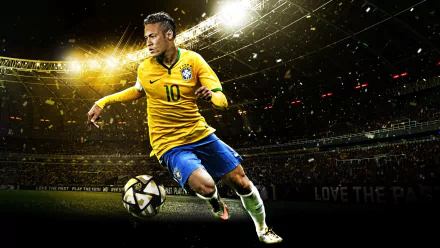 HD desktop wallpaper featuring Neymar, dressed in a yellow Brazil jersey, dynamically dribbling a soccer ball in a brightly lit stadium background.