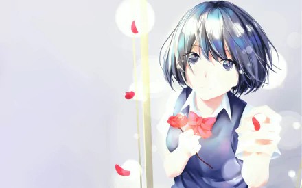 HD desktop wallpaper featuring Hanabi Yasuraoka from Kuzu no Honkai, with blue hair and eyes, holding a flower petal. The background is light, complementing the anime's vibrant art style.