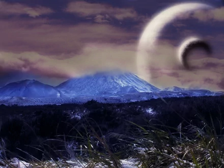 A mesmerizing HD desktop wallpaper showcasing a dreamy world with a majestic mountain, mystical clouds, and an enchanting celestial scene in the background.