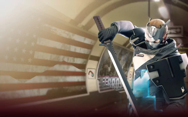 Phantom from Dirty Bomb wielding a katana, armored and masked, lunges forward against a faded American-flag backdrop — HD PC desktop wallpaper